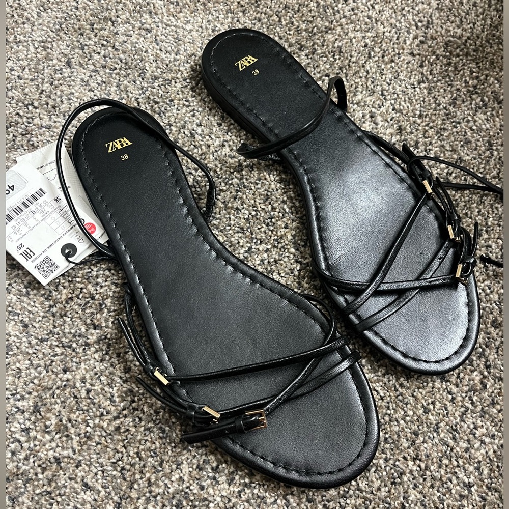 NWT Zara strappy flat sandals gold buckles size 7.5